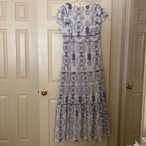 Tiered Maxi length dress with ruffle accents | XXL | Blue and White |